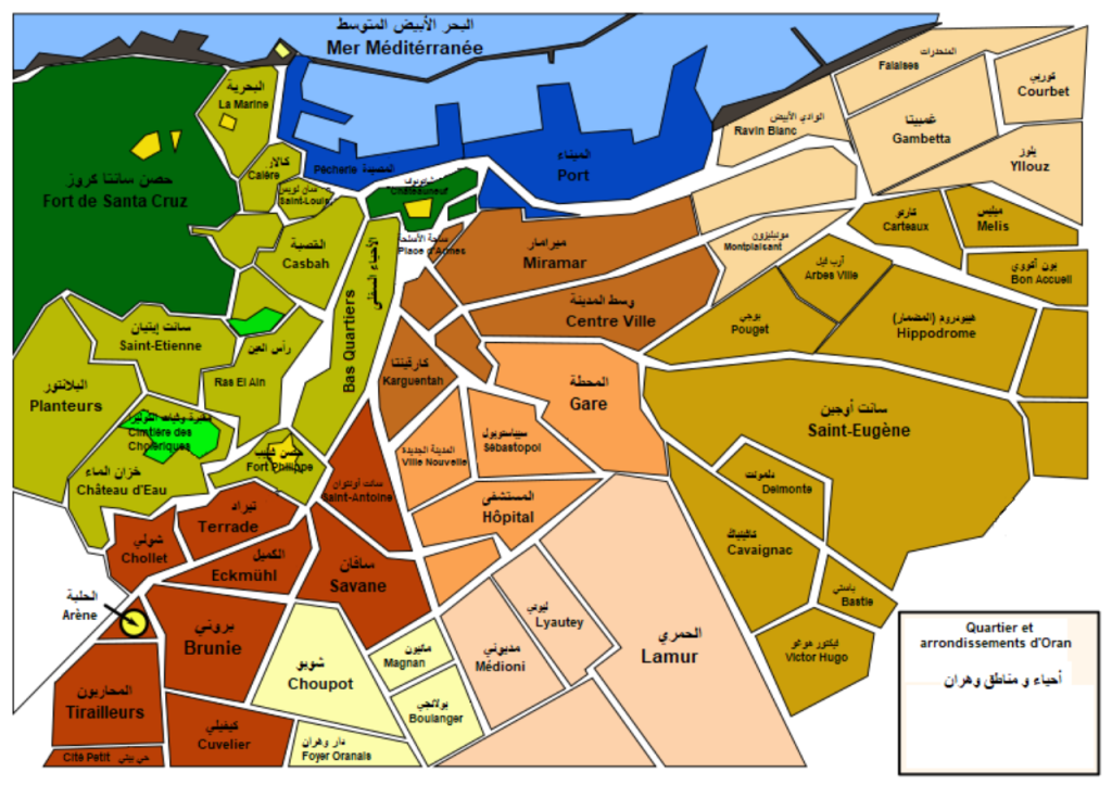 Map of Oran's neighborhoods in Arabic and French, with the port, center and Santa Cruz marked
