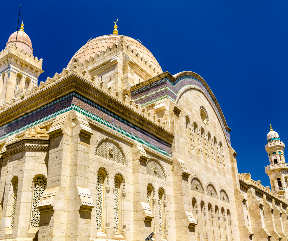 Domes, tilework and minaret of the Emir Abdelkader Mosque in Constantine