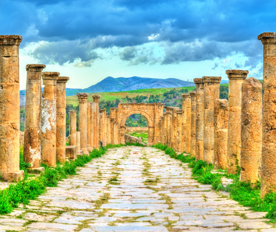 Colonnaded Roman street leading to the Arch of Caracalla at Djemila