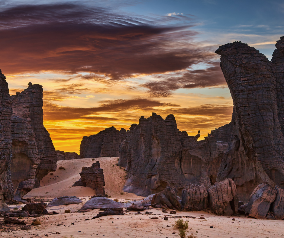 Sandstone rock towers of Tassili n'Ajjer at sunset
