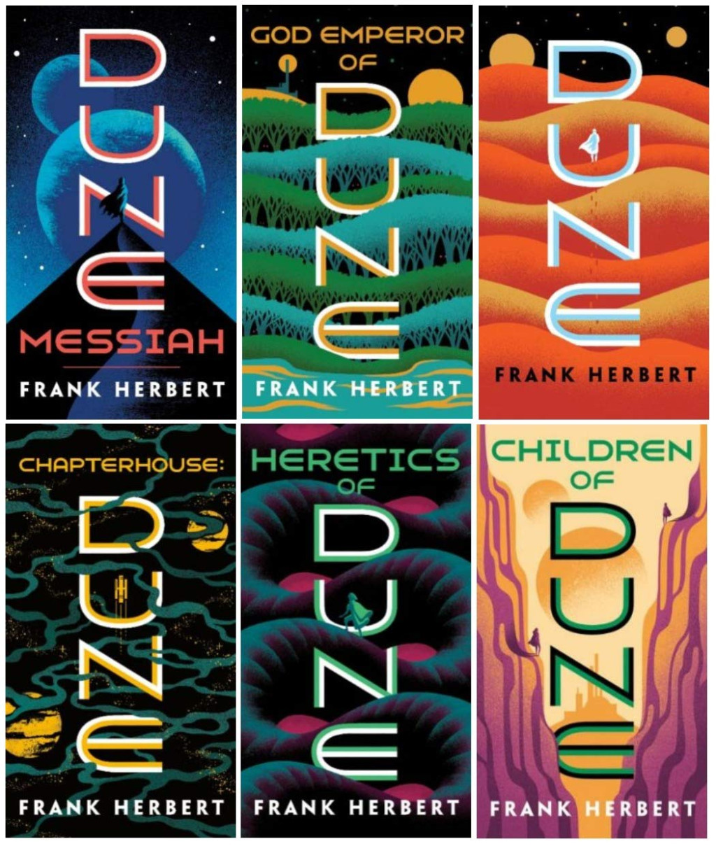 Six colorful covers of Frank Herbert's Dune novels