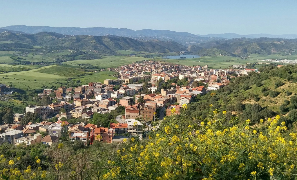 Hillside town among green hills and yellow broom in Tizi Ouzou province, Kabylie