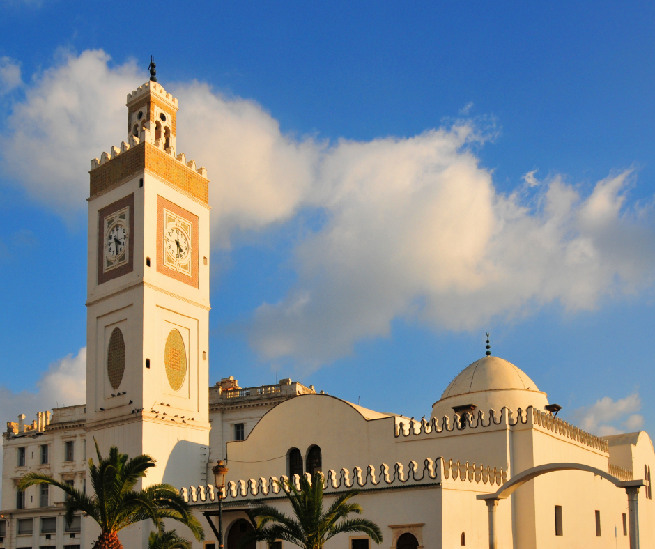Djamaa El Djedid mosque in Algiers with its white clock minaret and dome