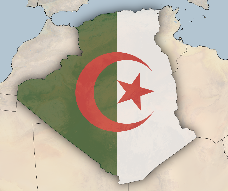 Map of Algeria and neighbors with the national flag laid over the country outline