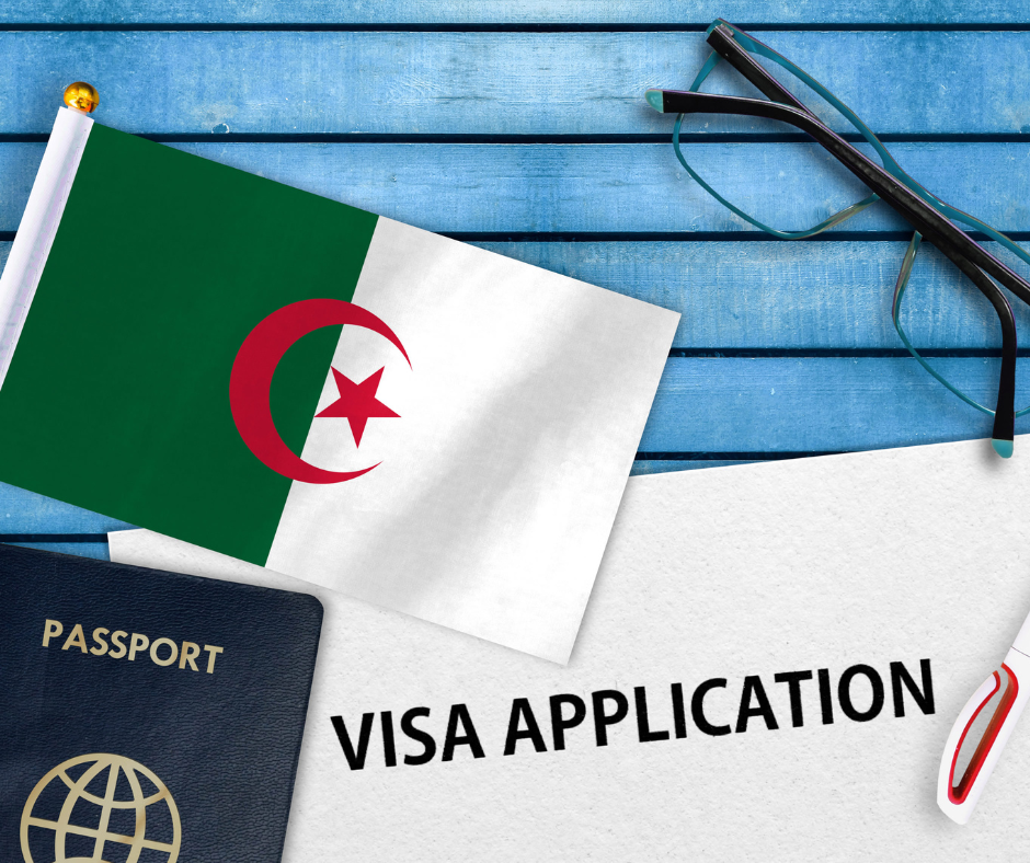 Passport and Algerian flag on a desk with a paper reading Visa Application