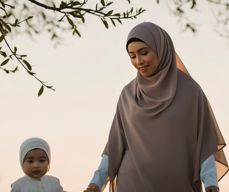 Woman in a loose taupe headscarf and cloak holding a toddler's hand at dusk