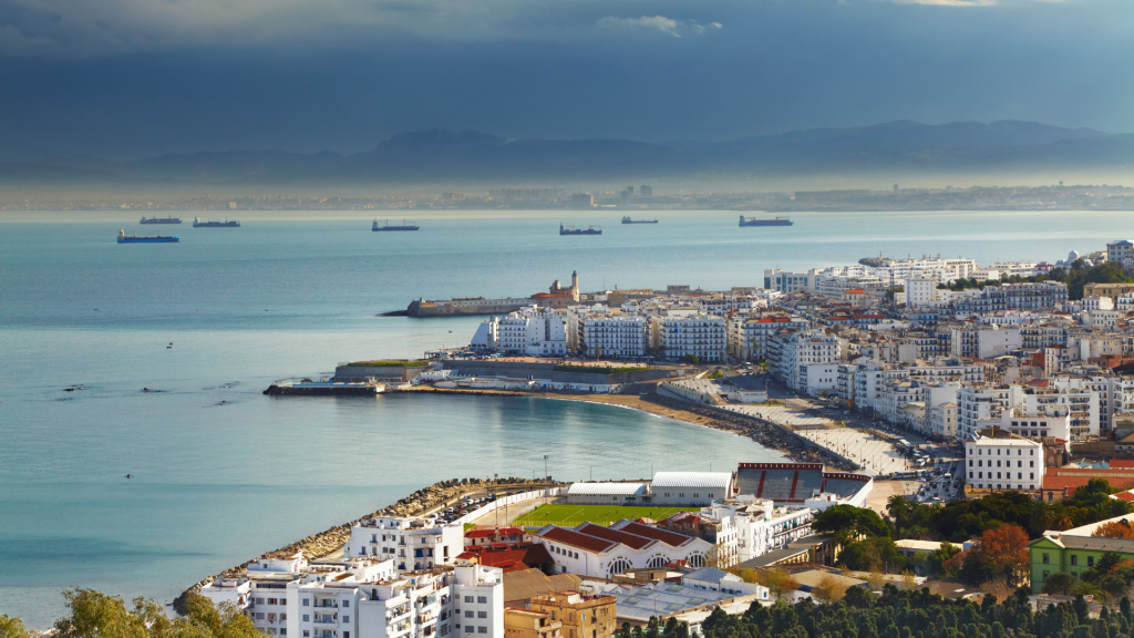 Algiers bay with white buildings and the waterfront seen from the hills