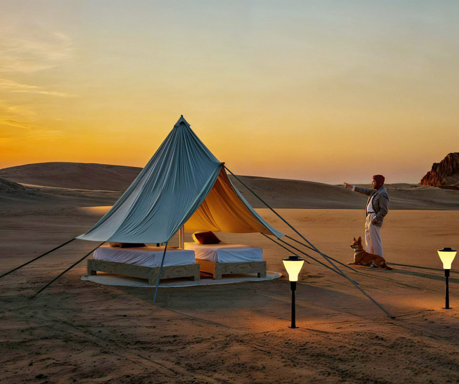 Glamping tent with a lit bed at sunset and a man standing beside a dog