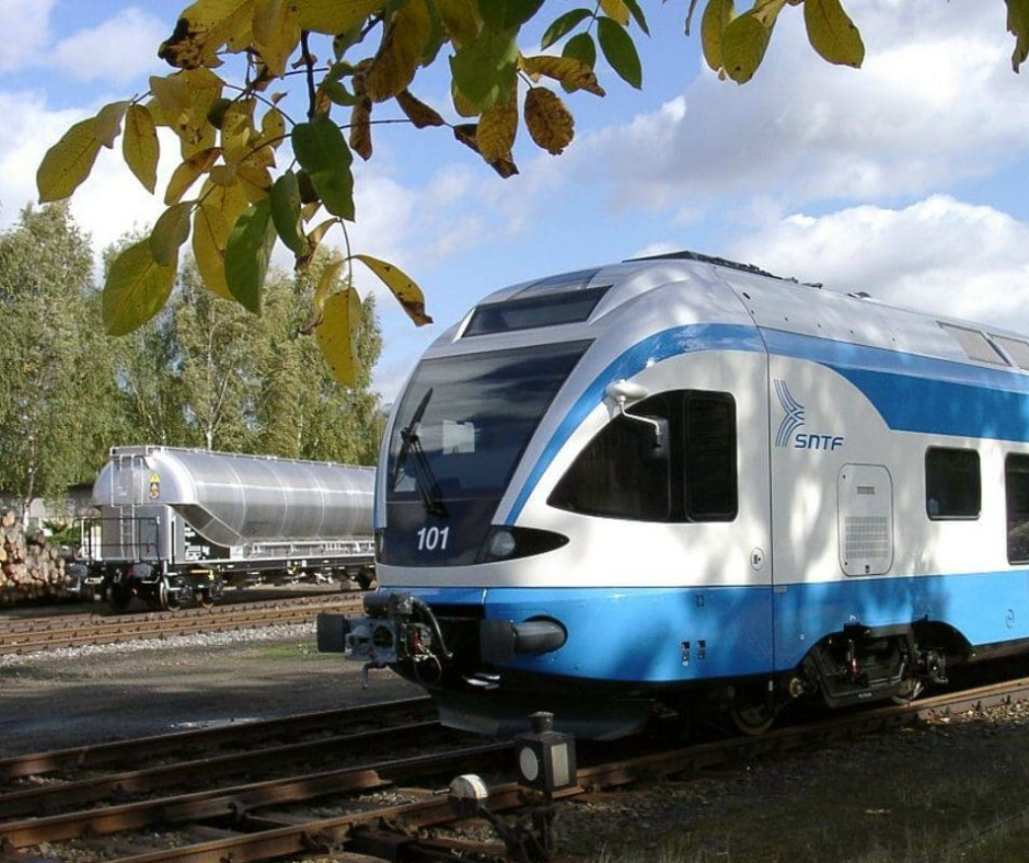 Blue and white SNTF commuter train beside a freight tank car, seen through leaves