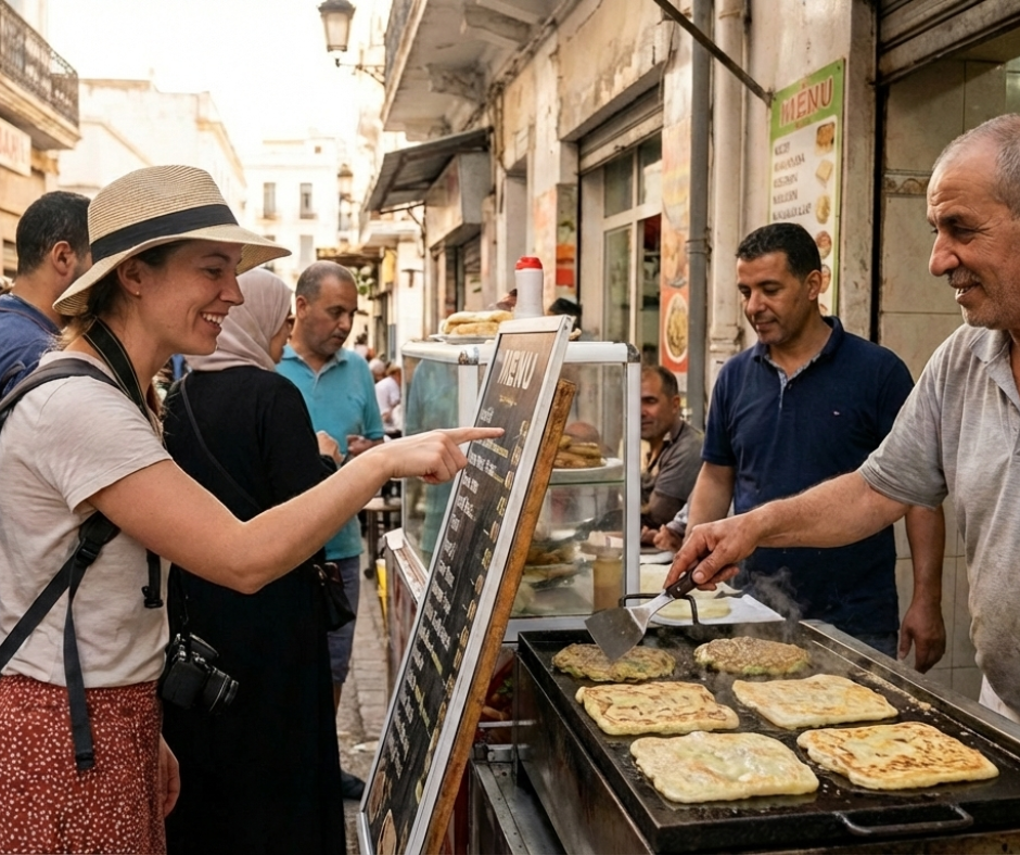 Traveler pointing at a menu board while a street vendor cooks flatbreads on a griddle