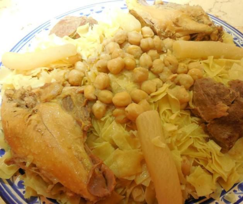 Trida pasta dish with chicken, chickpeas and pasta sheets, a Constantine specialty