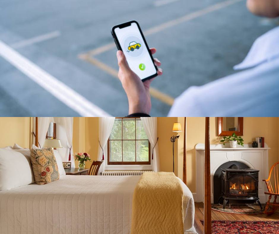 Collage of a phone showing a taxi app above a hotel room with fireplace