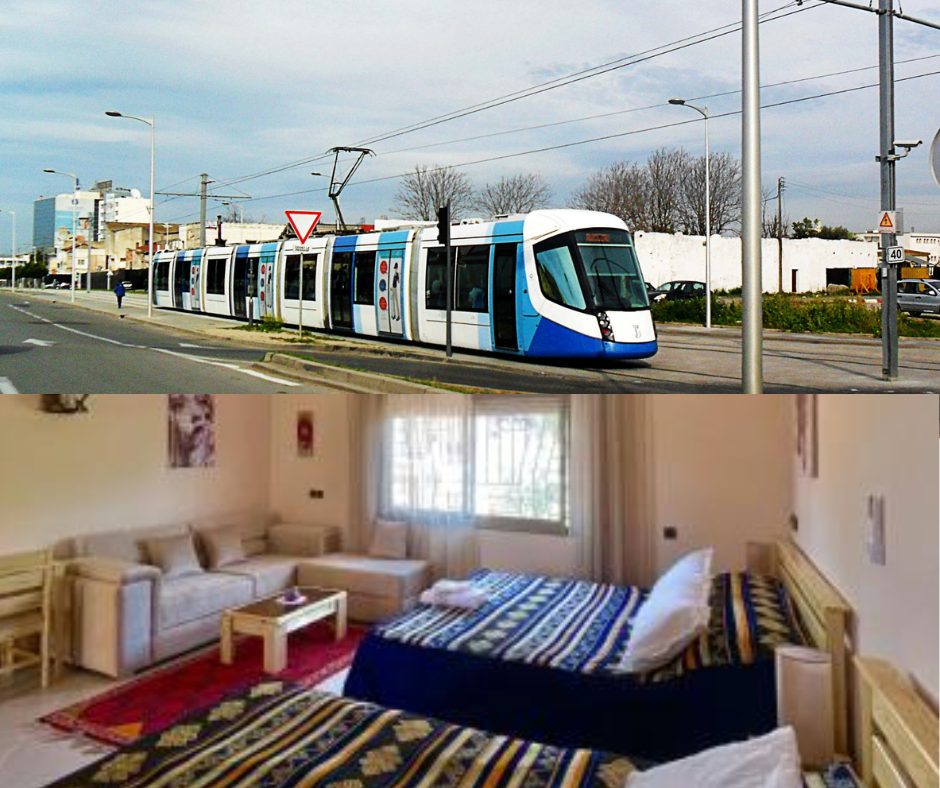 Collage of a blue Algiers tram above a simple apartment bedroom