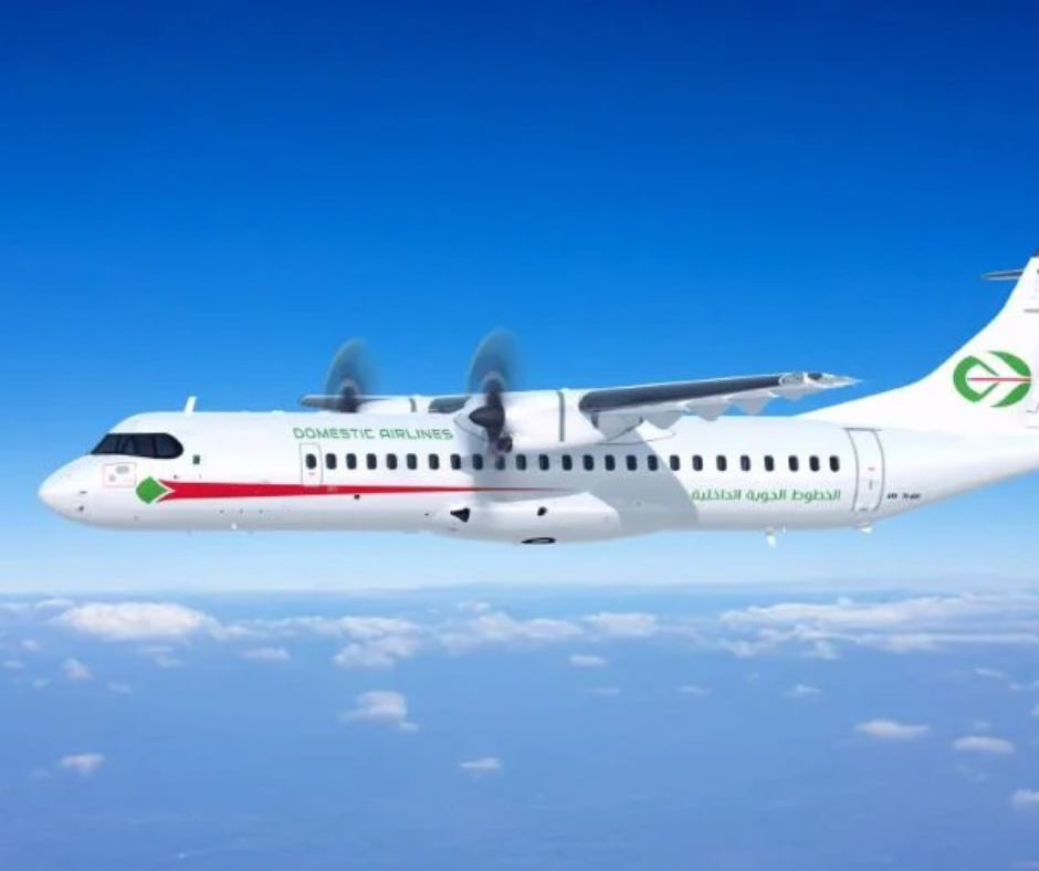 Domestic Airlines turboprop plane flying above clouds with Arabic and English livery