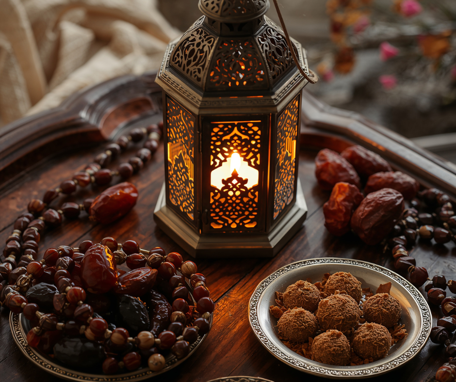 Lit lantern surrounded by dates, prayer beads and sweets on a wooden tray