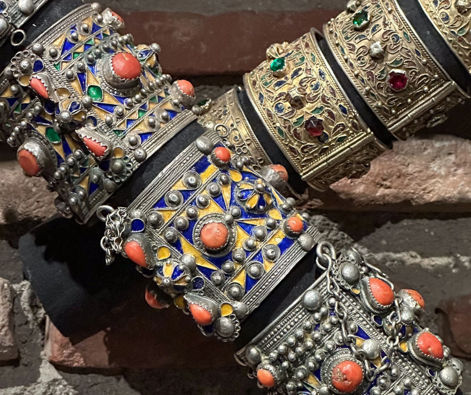 Silver bracelets set with coral and colored enamel, Kabyle style