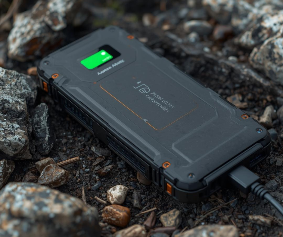 Rugged black power bank with a green display plugged into a cable on rocks