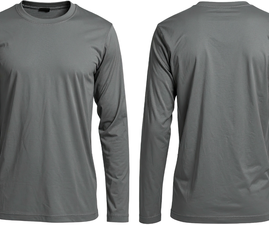 Front and back of a plain gray long-sleeve shirt on white background