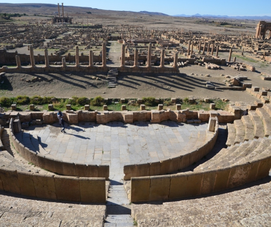 Roman theater seating and columned streets of Timgad in the Aurès