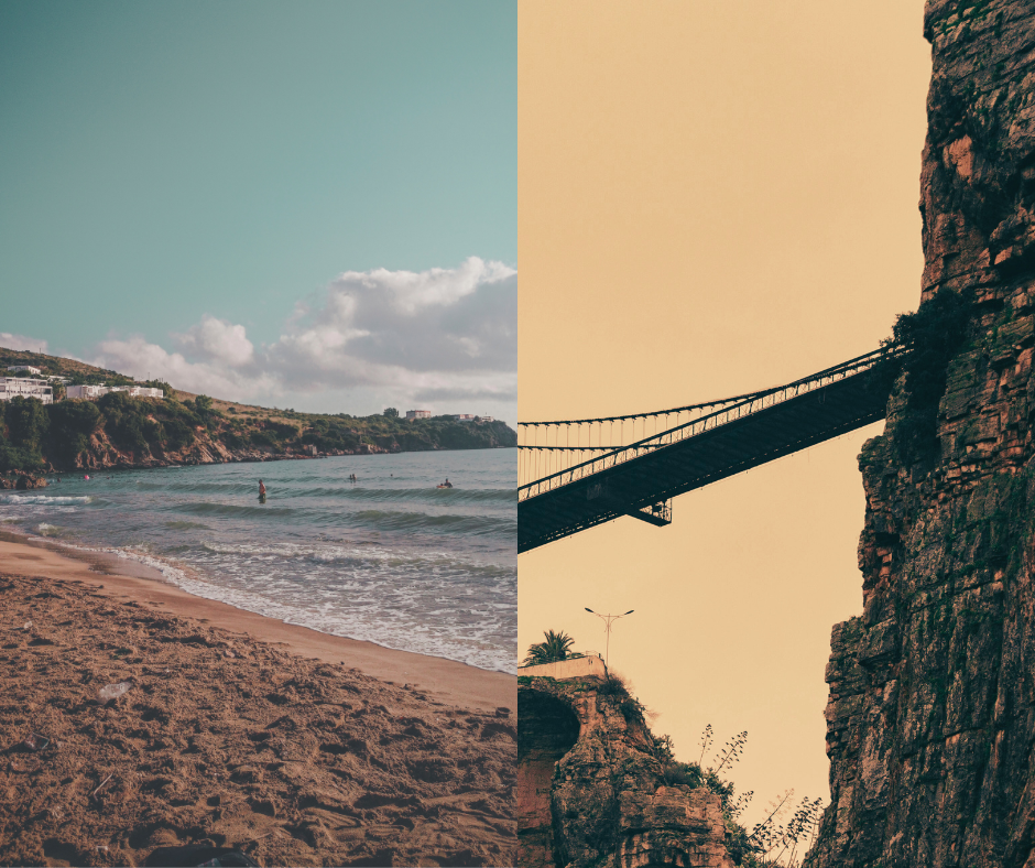 Split image of a sandy Algerian beach and a suspension bridge over a Constantine gorge