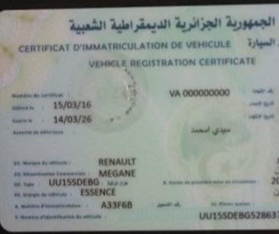 Algerian vehicle registration certificate for a Renault Megane