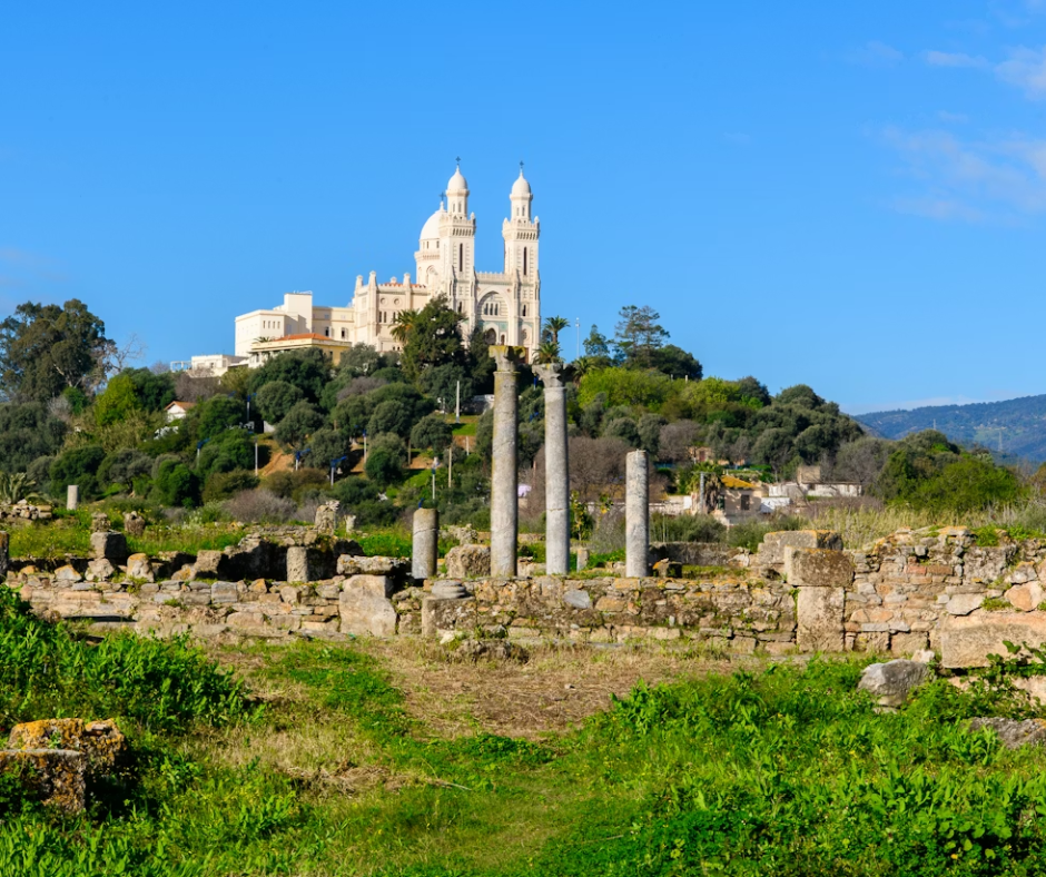 Roman columns of Hippo Regius with the basilica of Saint Augustine above