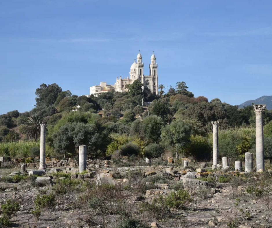 Roman ruins of Hippo Regius with the Saint Augustine basilica on the hill