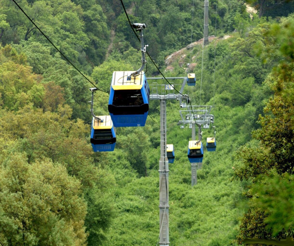 Blue and yellow cable car cabins climbing over green forest at Seraïdi
