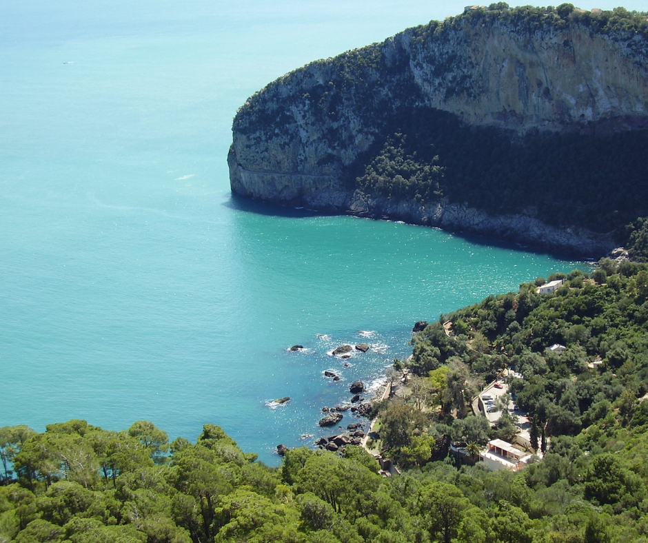 Forested cliff headland above a turquoise cove on the Béjaïa coast