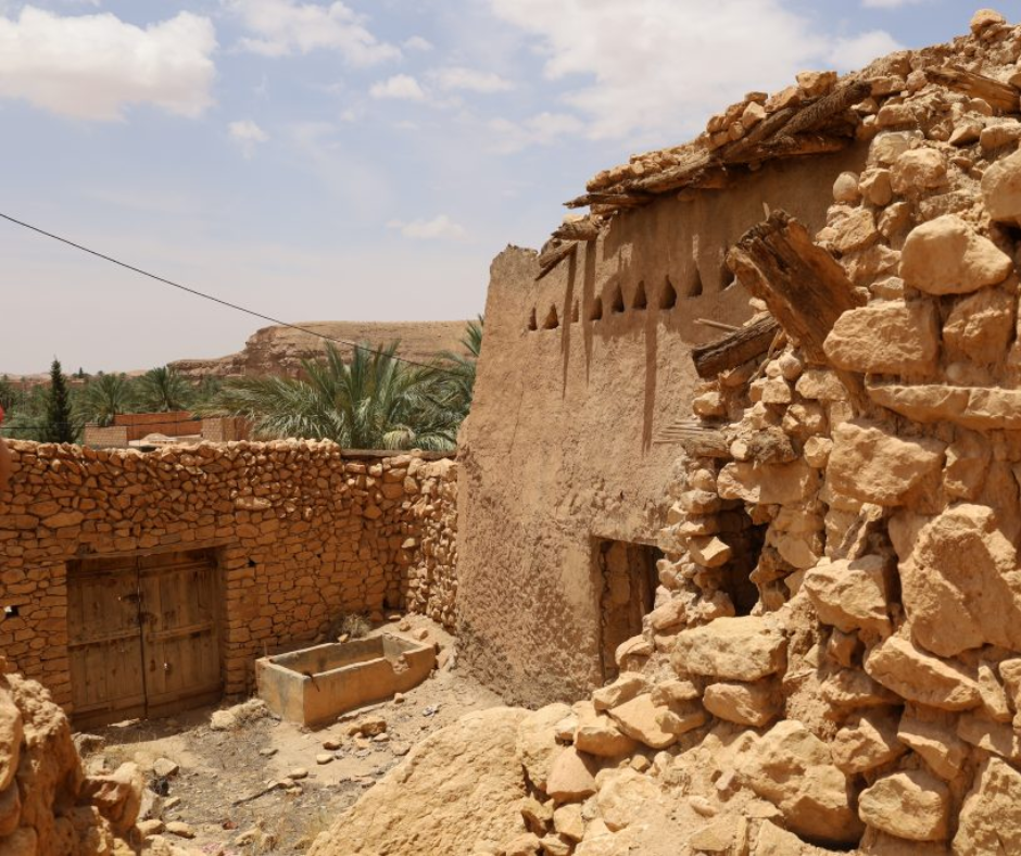 Crumbling stone and mud-brick houses with palms in M'Chouneche