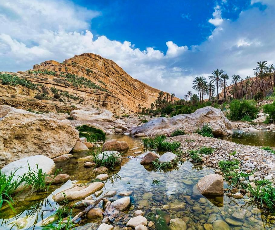 Clear stream, boulders and palms beneath sandstone cliffs in a wadi