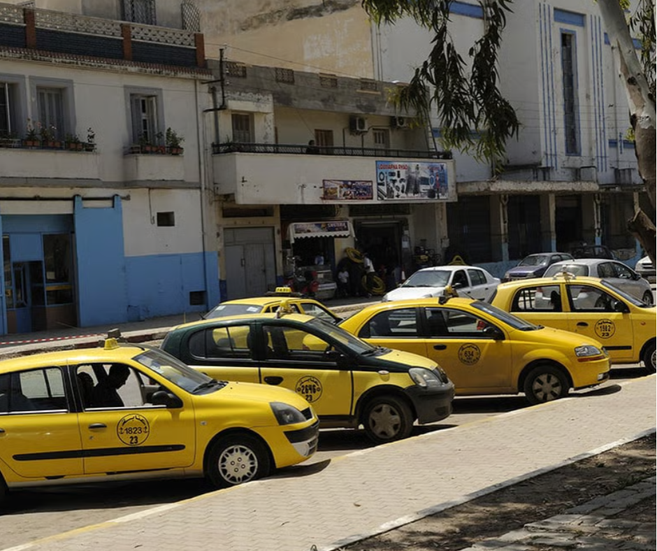 Row of yellow taxis parked on a street in Algiers