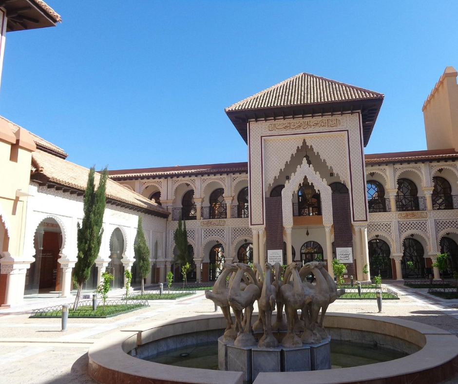 Inner courtyard of the Great Mosque of Tlemcen with a fountain and decorated arches