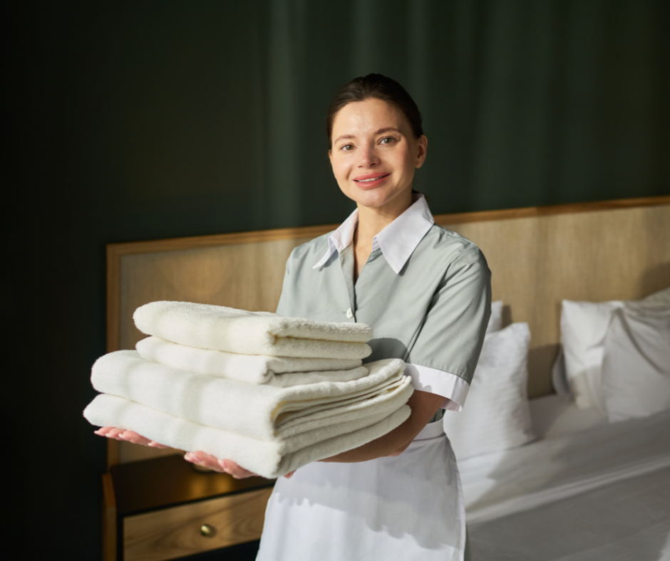 Smiling housekeeper in a uniform holding folded white towels in a hotel room