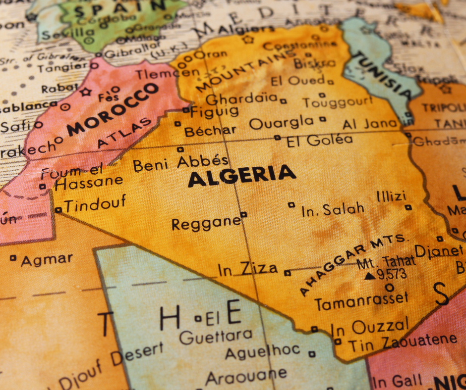 Map of North Africa with Algeria highlighted among Morocco, Tunisia and Libya