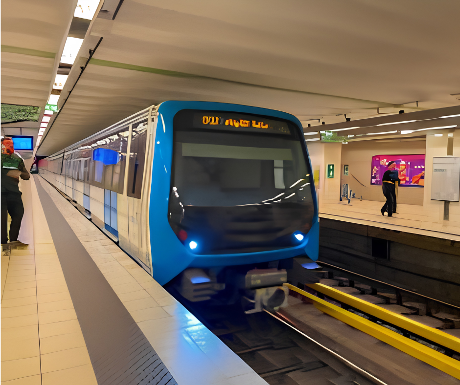 Blue Algiers metro train arriving at an underground station platform