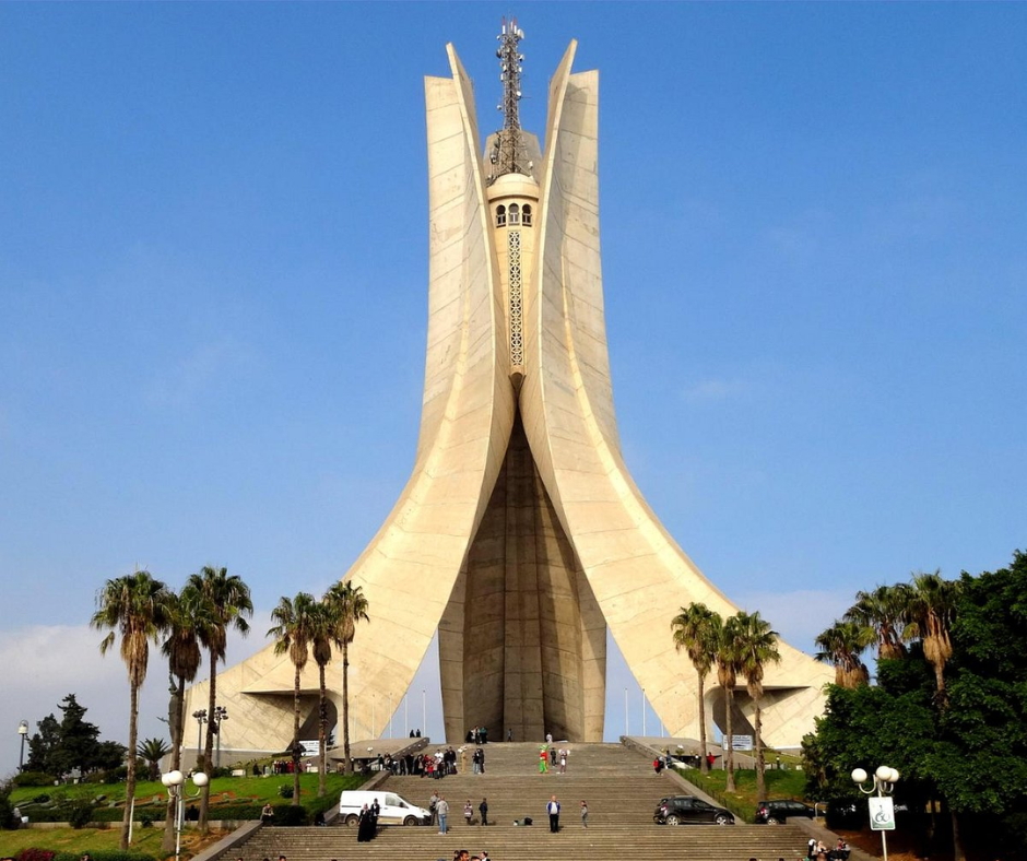 Maqam Echahid, the Martyrs' Memorial in Algiers, with palms and steps below