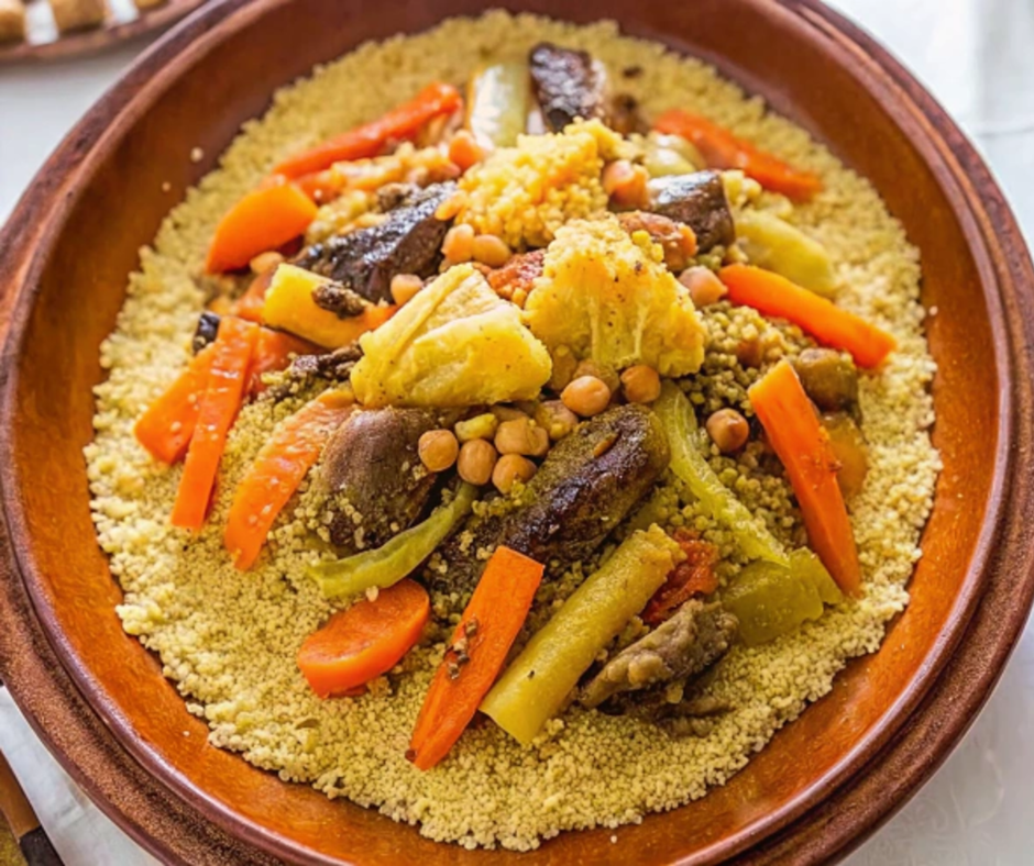 Plate of couscous with carrots, chickpeas and lamb on a terracotta dish