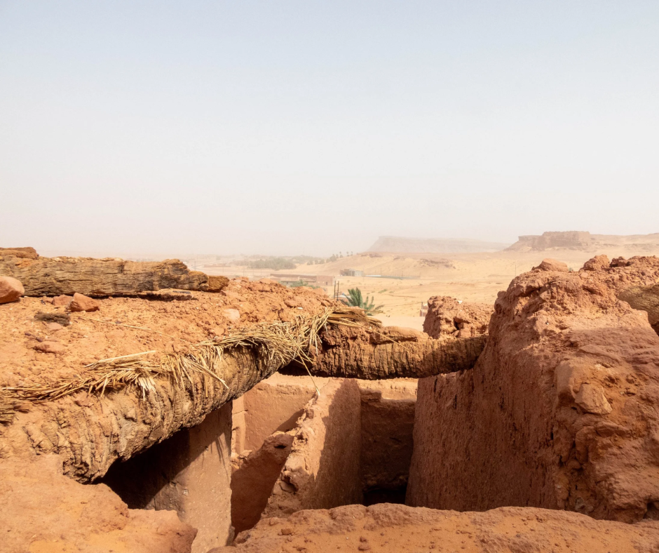 Palm-trunk beams across mud-brick ruins with the desert plain beyond Timimoun