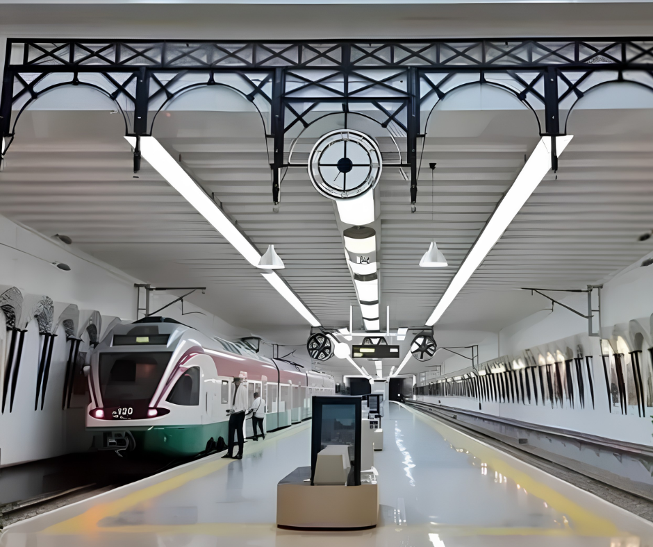 Green and white SNTF train waiting at a station platform under a metal canopy