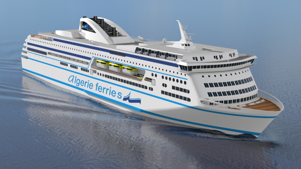 Computer rendering of an Algérie Ferries ship sailing on open sea