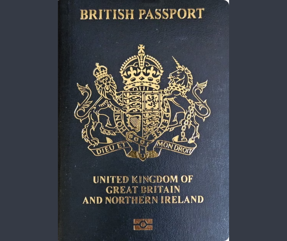 Cover of a dark blue British passport with the royal coat of arms