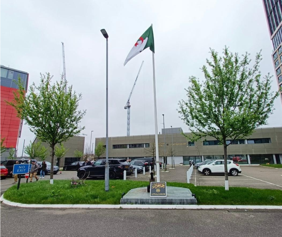 Algerian flag flying outside the Algerian consulate building in London