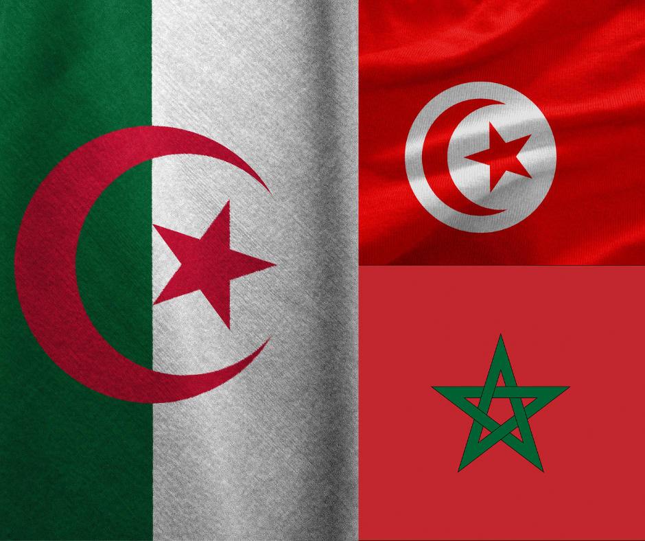 Algerian, Tunisian and Moroccan flags side by side