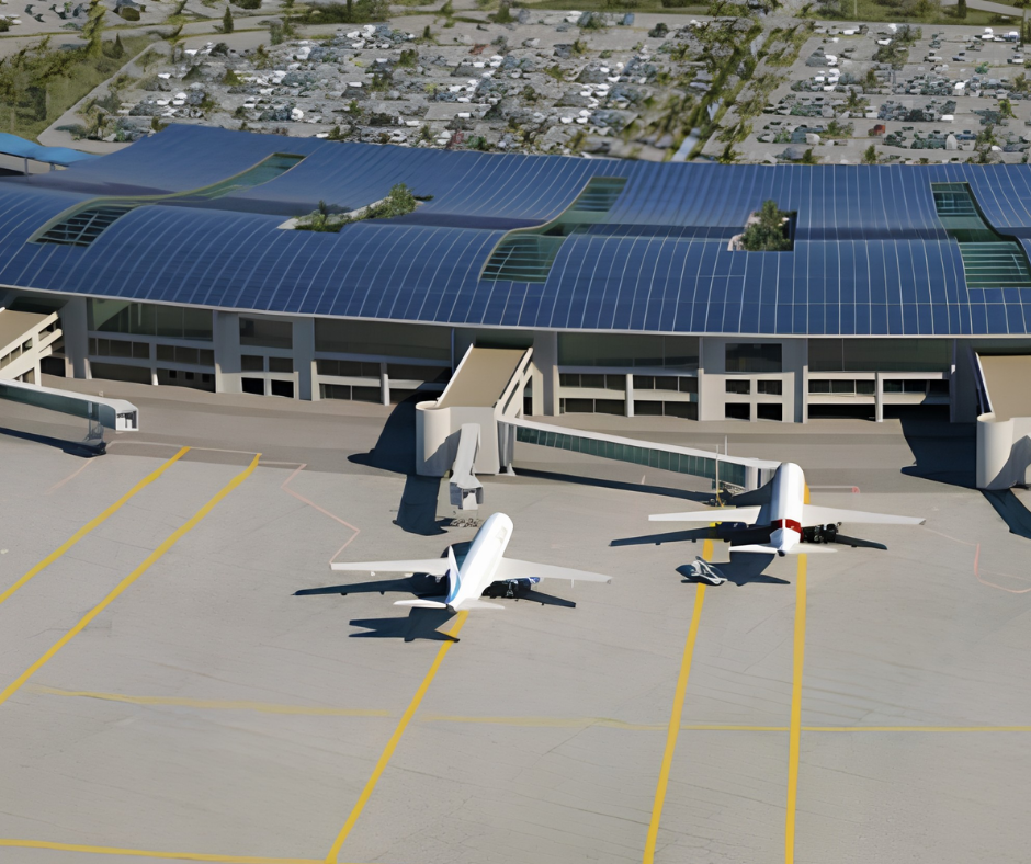 Aerial rendering of an airport terminal with two planes on the apron