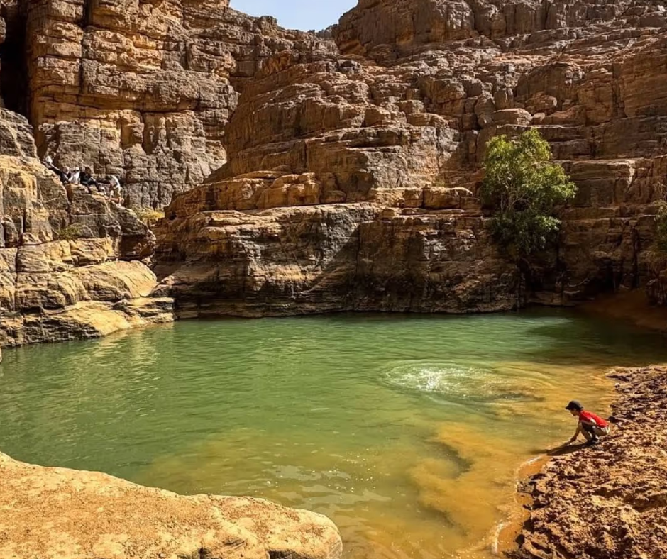 Green rock pool in a sandstone canyon with a person at the edge