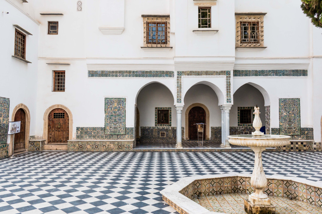 Tiled courtyard and marble fountain of the Bardo Museum in Algiers